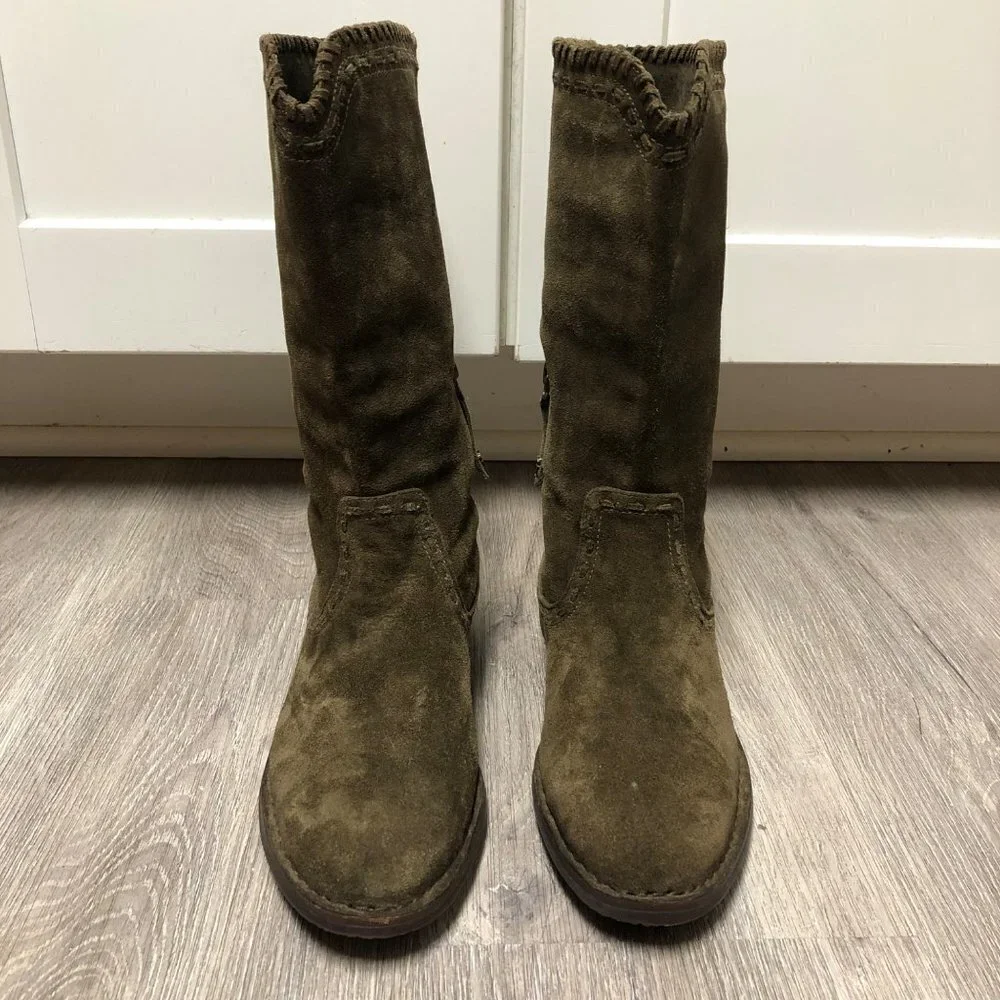 Trask Women's Size 7.5 Olive Green Suede Leather Boots Mid Calf Army Green